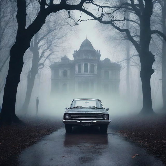 Create a gothic horror book cover featuring a scared Indian driving a car on a gloomy forest path