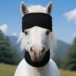 Editing previous image: the white pony is now wearing a traditional black ninja headband as a blindfold, obscuring its vision, portrayed in a realistic cartoon style.