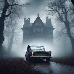 Create a gothic horror book cover featuring a scared Indian driving a car on a gloomy forest path