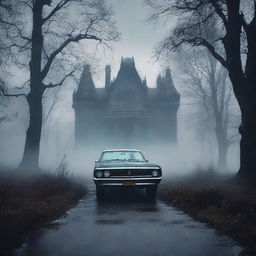 Create a gothic horror book cover featuring a scared Indian driving a car on a gloomy forest path