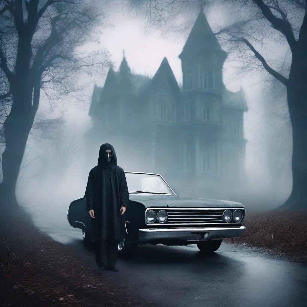 Create a gothic horror book cover featuring a scared Indian driving a car on a gloomy forest path