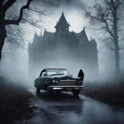 Create a gothic horror book cover featuring a scared Indian driving a car on a gloomy forest path