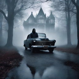 Create a gothic horror book cover featuring a scared Indian driving a car on a gloomy forest path