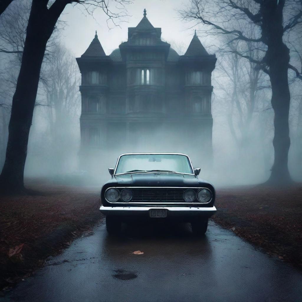 Create a gothic horror book cover featuring a scared Indian driving a car on a gloomy forest path