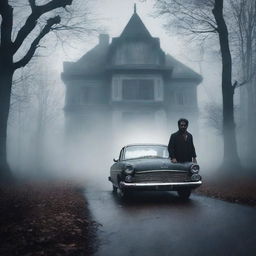 Create a gothic horror book cover featuring a scared Indian person driving a car on a gloomy forest path