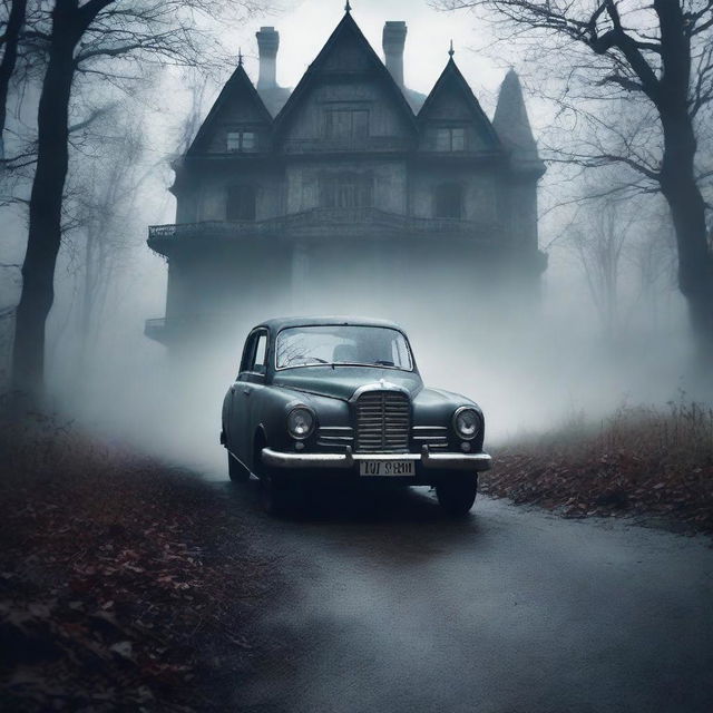 Create a gothic horror book cover featuring a scared Indian person driving a car on a gloomy forest path