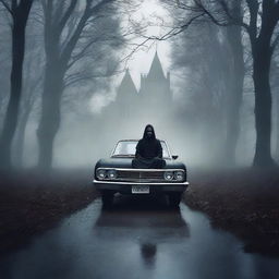 Create a gothic horror book cover featuring a scared Indian person driving a car on a gloomy forest path