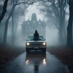 Create a gothic horror book cover featuring a scared Indian person driving a car on a gloomy forest path