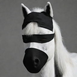 Editing previous image: the white pony is now wearing a traditional black ninja headband as a blindfold, obscuring its vision, portrayed in a realistic cartoon style.