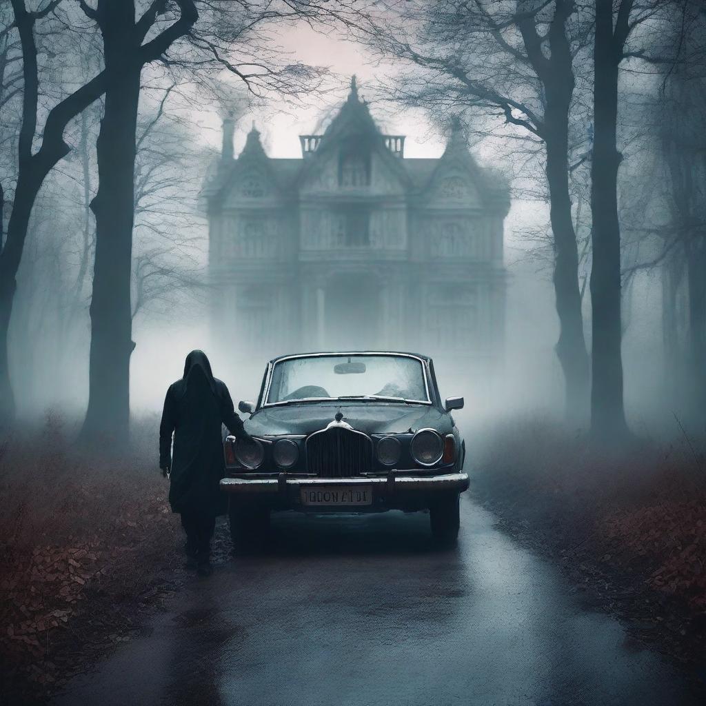 Create a gothic horror book cover featuring a scared Indian person driving a car on a gloomy forest path