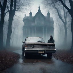 Create a gothic horror book cover featuring a scared Indian person driving a car on a gloomy forest path