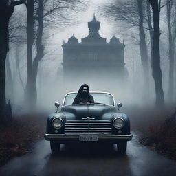 Create a gothic horror book cover featuring a scared Indian person driving a car on a gloomy forest path