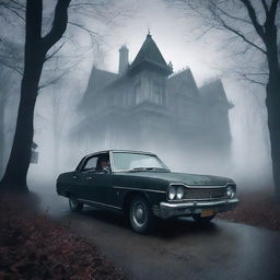 Create a gothic horror book cover featuring a scared Indian person driving a car on a gloomy forest path