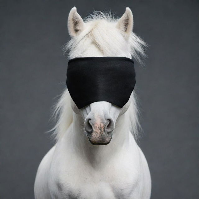 Editing previous image: the white pony is now wearing a traditional black ninja headband as a blindfold, obscuring its vision, portrayed in a realistic cartoon style.