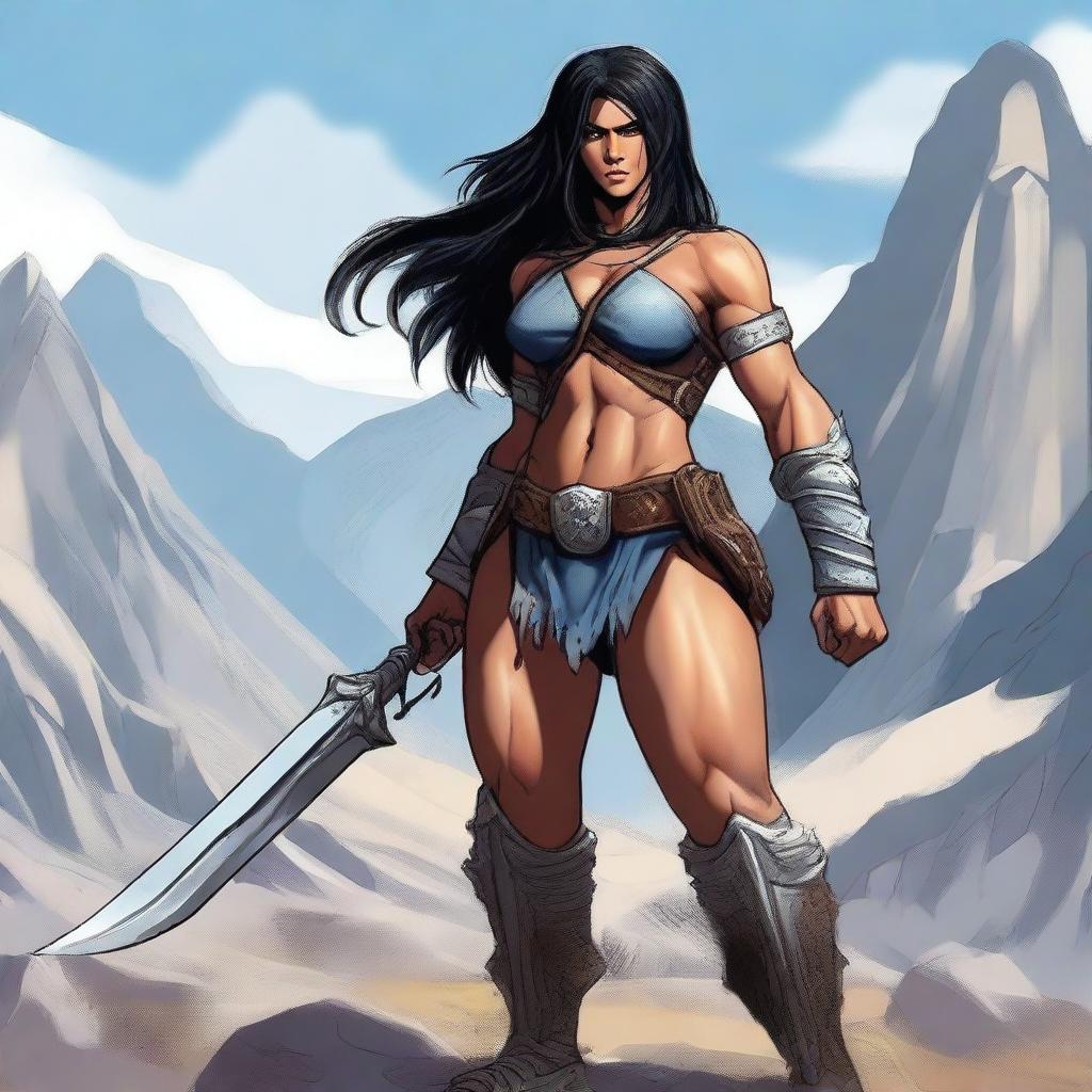 A powerful female Goliath barbarian with gray skin and black eyes