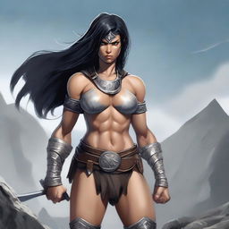 A powerful female Goliath barbarian with gray skin and black eyes