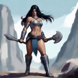 A powerful female Goliath barbarian with gray skin and black eyes