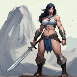 A powerful female Goliath barbarian with gray skin and black eyes