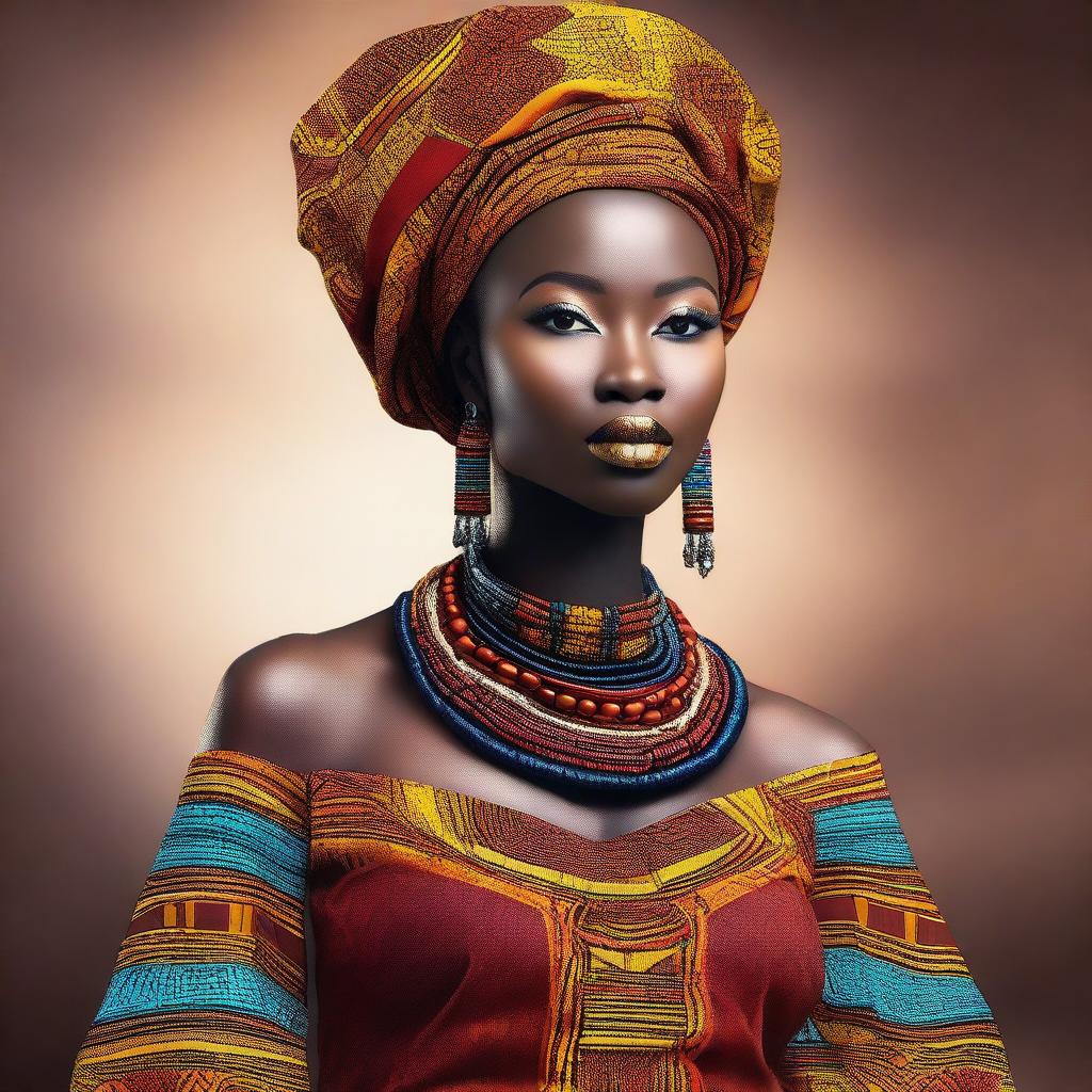 A beautiful African woman with radiant dark skin, adorned in traditional African attire with vibrant colors and intricate patterns