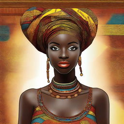 A beautiful African woman with radiant dark skin, adorned in traditional African attire with vibrant colors and intricate patterns