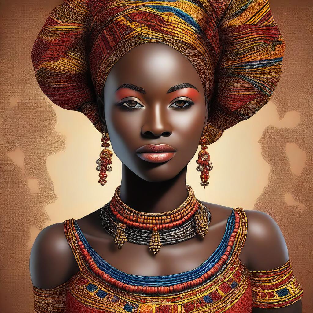 A beautiful African woman with radiant dark skin, adorned in traditional African attire with vibrant colors and intricate patterns