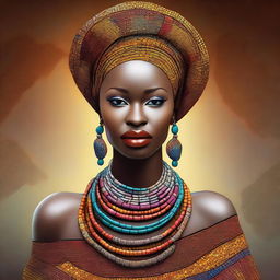 A beautiful African woman with radiant dark skin, adorned in traditional African attire with vibrant colors and intricate patterns