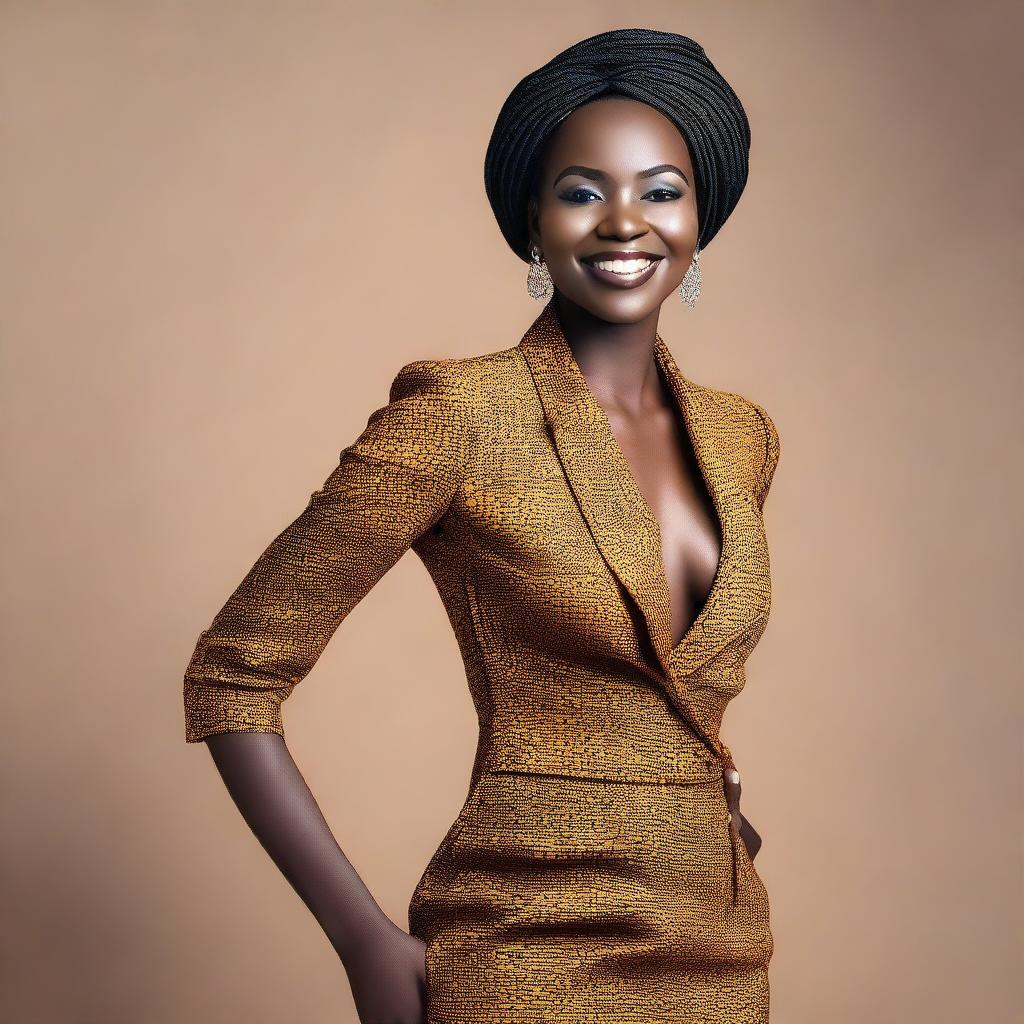 An attractive African woman with radiant dark skin, dressed in stylish attire that accentuates her figure