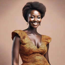 An attractive African woman with radiant dark skin, dressed in stylish attire that accentuates her figure