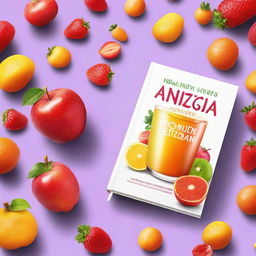 Create an eye-catching book cover for 'Anzisha Biashara Yako ya Juisi ya Matunda: Kujua Sanaa ya Uuzaji wa Juisi ya Matunda' with a realistic, high-resolution image of a glass of fresh fruit juice surrounded by assorted fruits