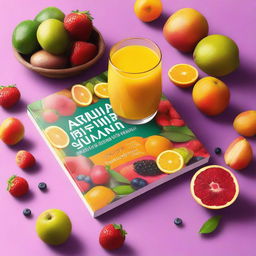 Create an eye-catching book cover for 'Anzisha Biashara Yako ya Juisi ya Matunda: Kujua Sanaa ya Uuzaji wa Juisi ya Matunda' with a realistic, high-resolution image of a glass of fresh fruit juice surrounded by assorted fruits