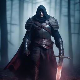 A fierce vampire warrior standing in a dark, foggy forest, wearing ancient armor and holding a blood-stained sword