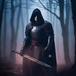 A fierce vampire warrior standing in a dark, foggy forest, wearing ancient armor and holding a blood-stained sword