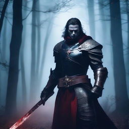 A fierce vampire warrior standing in a dark, foggy forest, wearing ancient armor and holding a blood-stained sword