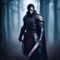 A fierce vampire warrior standing in a dark, foggy forest, wearing ancient armor and holding a blood-stained sword