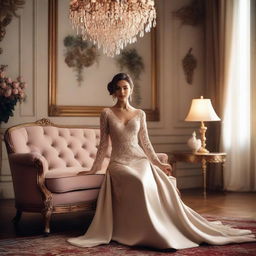 A beautiful woman in an elegant room, showcasing her charm and allure