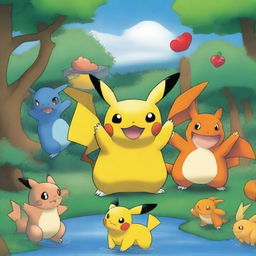 Create an image featuring popular Pokemon characters such as Pikachu, Charizard, and Bulbasaur in a vibrant and dynamic setting
