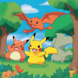 Create an image featuring popular Pokemon characters such as Pikachu, Charizard, and Bulbasaur in a vibrant and dynamic setting