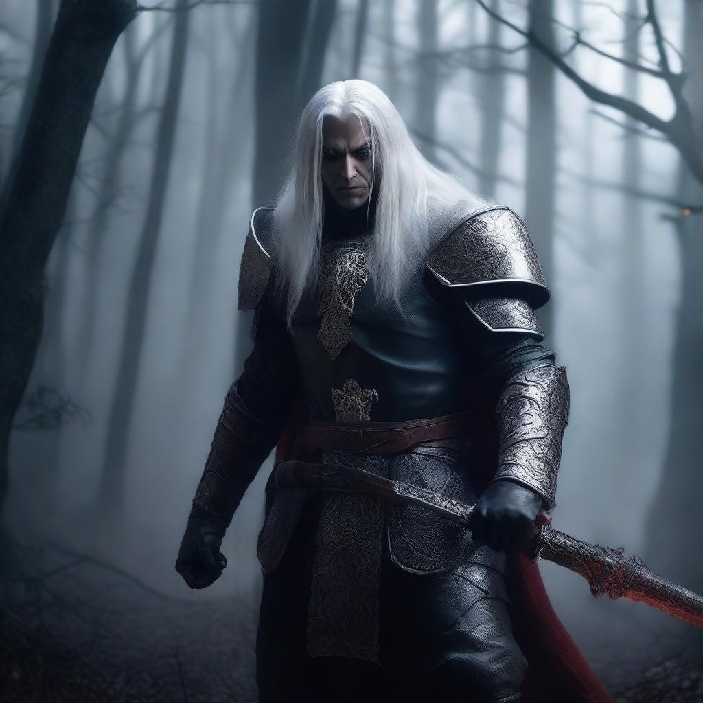 A fierce vampire warrior with long white hair standing in a dark, foggy forest, wearing ancient armor and holding a blood-stained sword