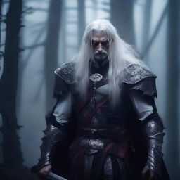 A fierce vampire warrior with long white hair standing in a dark, foggy forest, wearing ancient armor and holding a blood-stained sword