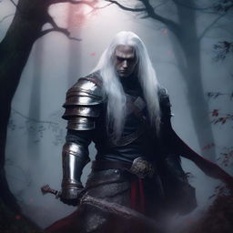 A fierce vampire warrior with long white hair standing in a dark, foggy forest, wearing ancient armor and holding a blood-stained sword