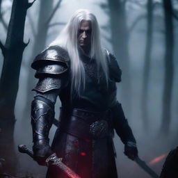 A fierce vampire warrior with long white hair standing in a dark, foggy forest, wearing ancient armor and holding a blood-stained sword