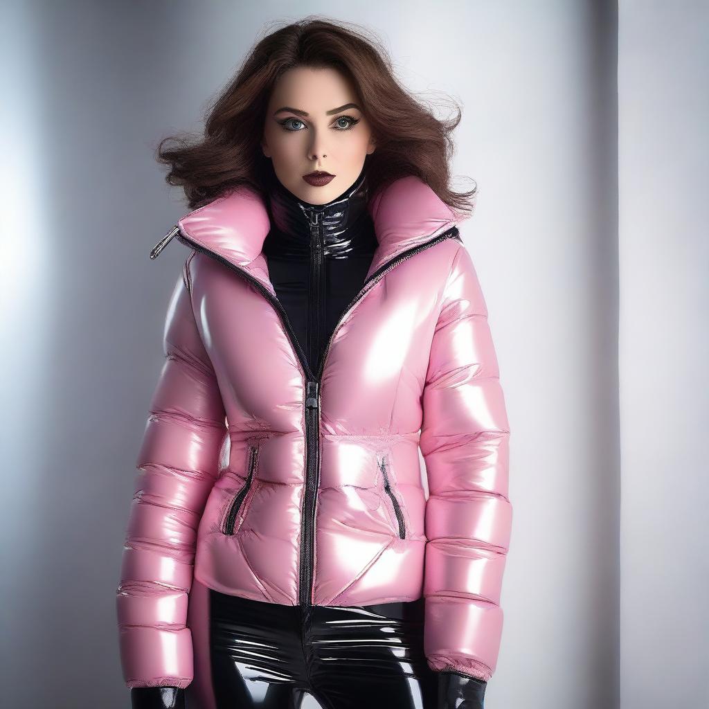 A mature-themed image of an attractive 25-year-old woman wearing a tight latex corset and a stylish puffer jacket