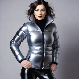 A mature-themed image of an attractive 25-year-old woman wearing a tight latex corset and a stylish puffer jacket