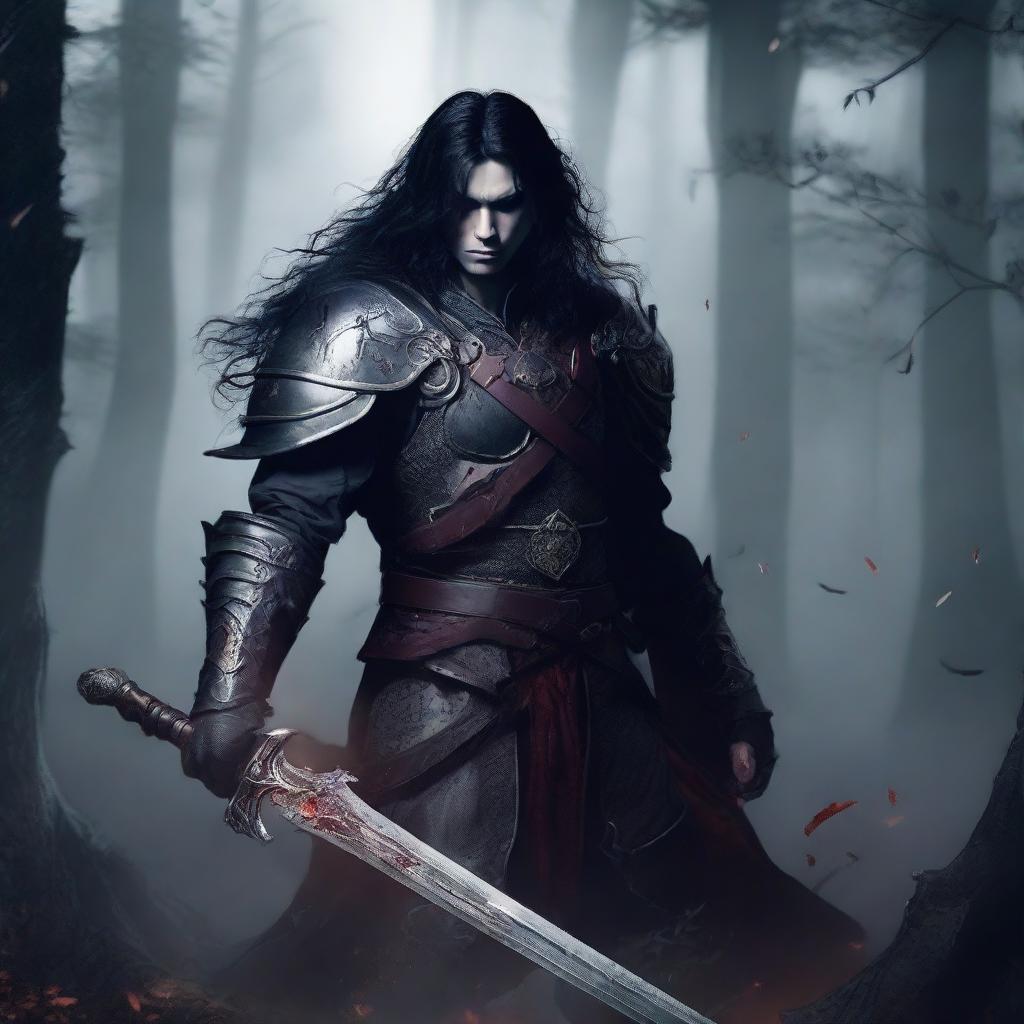 A fierce vampire warrior with long black hair standing in a dark, foggy forest, wearing ancient armor and holding a blood-stained sword