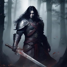 A fierce vampire warrior with long black hair standing in a dark, foggy forest, wearing ancient armor and holding a blood-stained sword