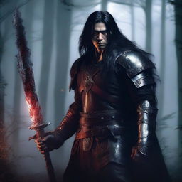 A fierce vampire warrior with long black hair standing in a dark, foggy forest, wearing ancient armor and holding a blood-stained sword