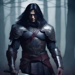 A fierce vampire warrior with long black hair standing in a dark, foggy forest, wearing ancient armor and holding a blood-stained sword