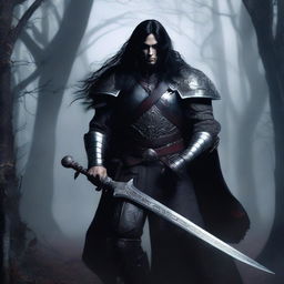 A fierce vampire warrior with long black hair standing in a dark, foggy forest, wearing ancient armor and holding a blood-stained sword