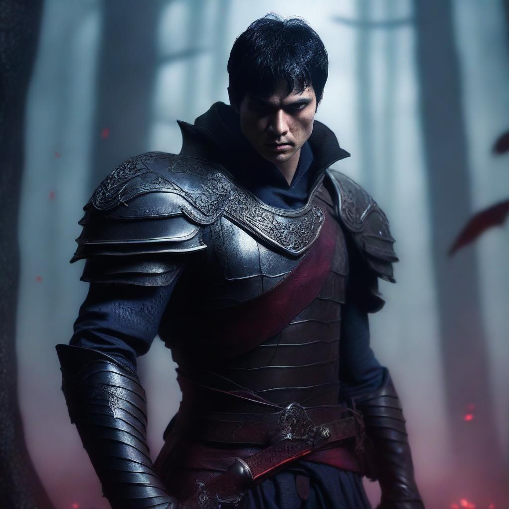 A fierce vampire warrior with short black hair standing in a dark, foggy forest, wearing ancient armor and holding a blood-stained sword