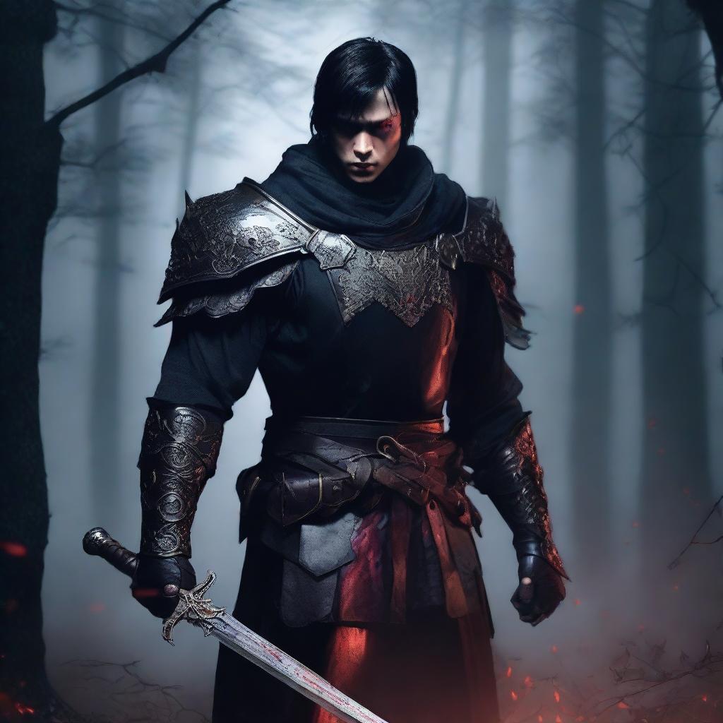 A fierce vampire warrior with short black hair standing in a dark, foggy forest, wearing ancient armor and holding a blood-stained sword